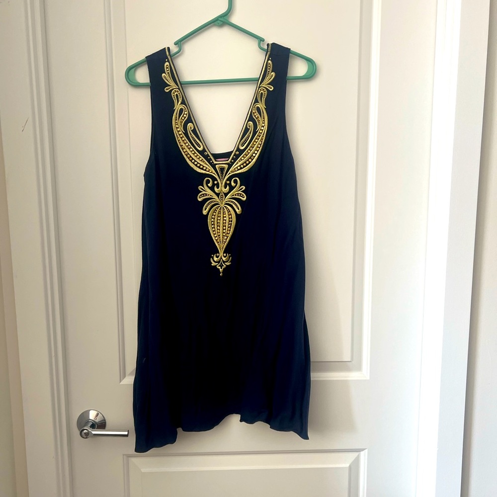Lily Pulitzer small navy and gold  dress with pockets!
